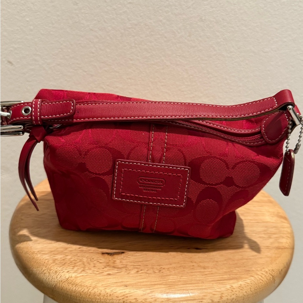 Coach Signature Red Jacquard Leather Trim Wristlet Cosmetic Pouch